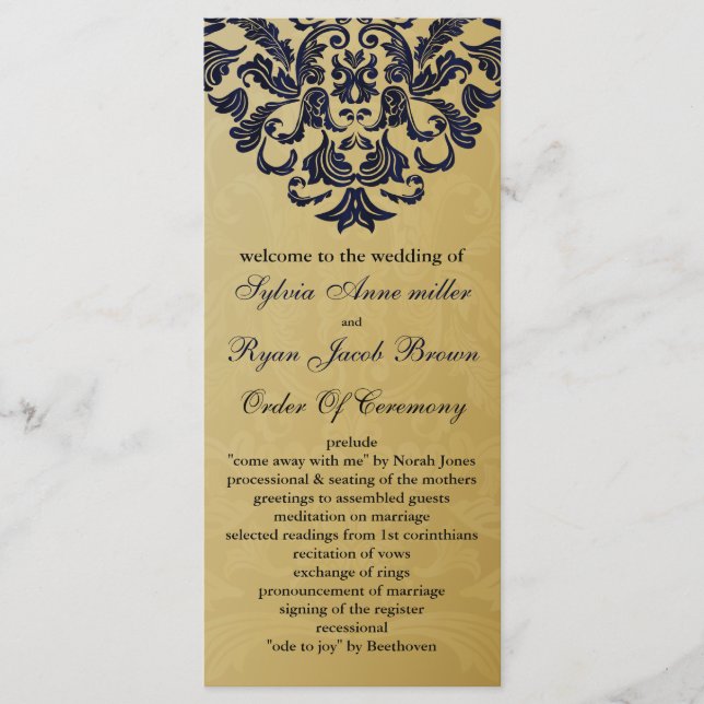Elegant Filigree Navy Gold Wedding Program (Front)