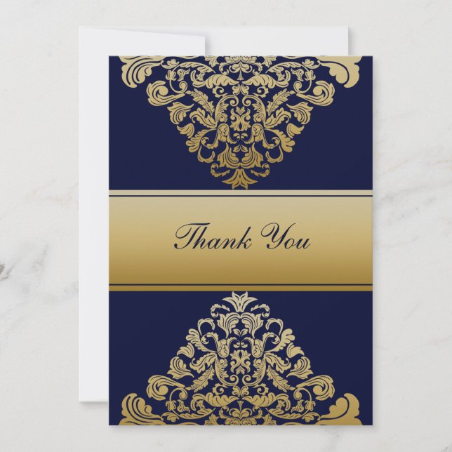 Elegant Filigree Navy Gold Wedding Thank You Card (Front)