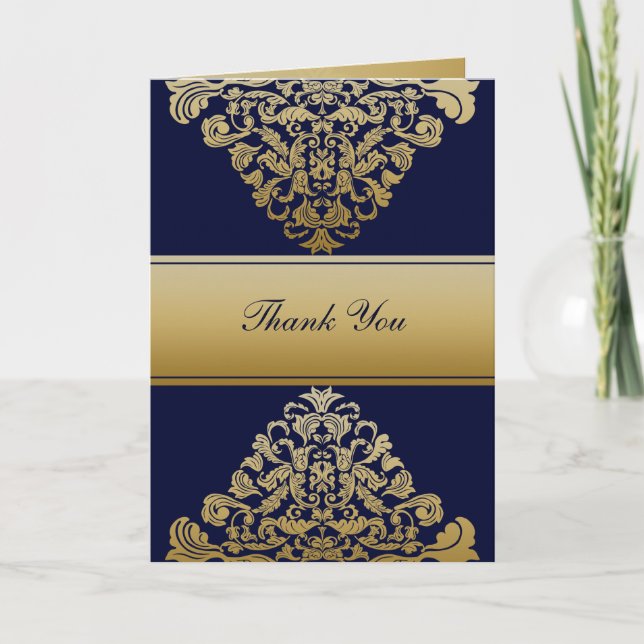 Elegant Filigree Navy Gold Wedding Thank You Card (Front)