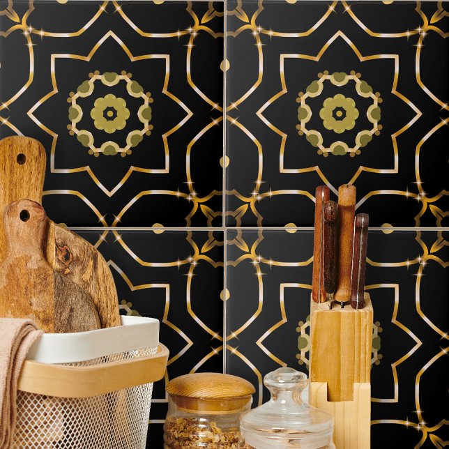 Elegant Filigree Sparkly Shiny Gold & Black Mosaic Ceramic Tile (Creator Uploaded)