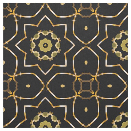 Elegant Filigree Sparkly Shiny Gold  Black Mosaic Fabric