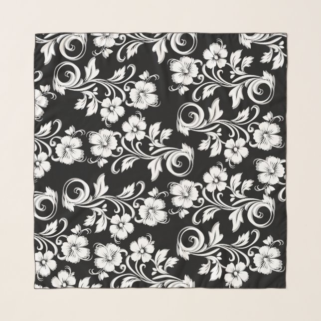 Elegant filigree white flowers Modern trendy Black Scarf (Front (Horizontal))