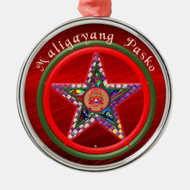 Elegant Filipino Christmas Parol & Jeepney Metal Ornament (Front)