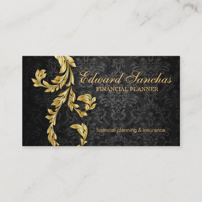 Elegant Financial Planner Gold Leaf Black Gray Business Card (Front)