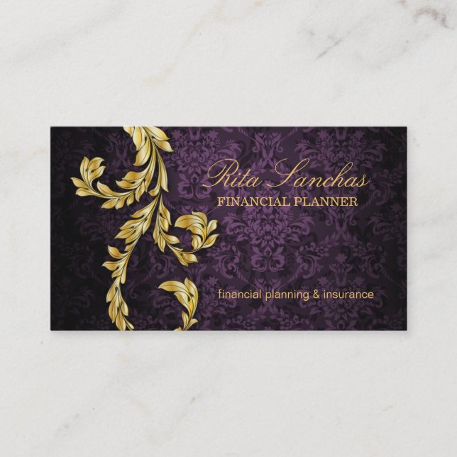 Elegant Financial Planner Gold Leaf Purple Business Card (Front)