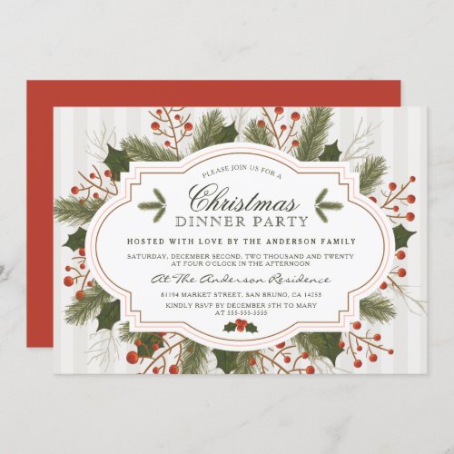 Elegant Fir, Pine & Holly Christmas Dinner Party Invitation - Create your own "Elegant Fir, Pine & Holly Christmas Dinner Party" invitations by Eugene Designs.