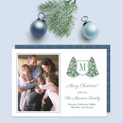 Elegant Fir Tree Blue White Baubles Family Picture Holiday Card