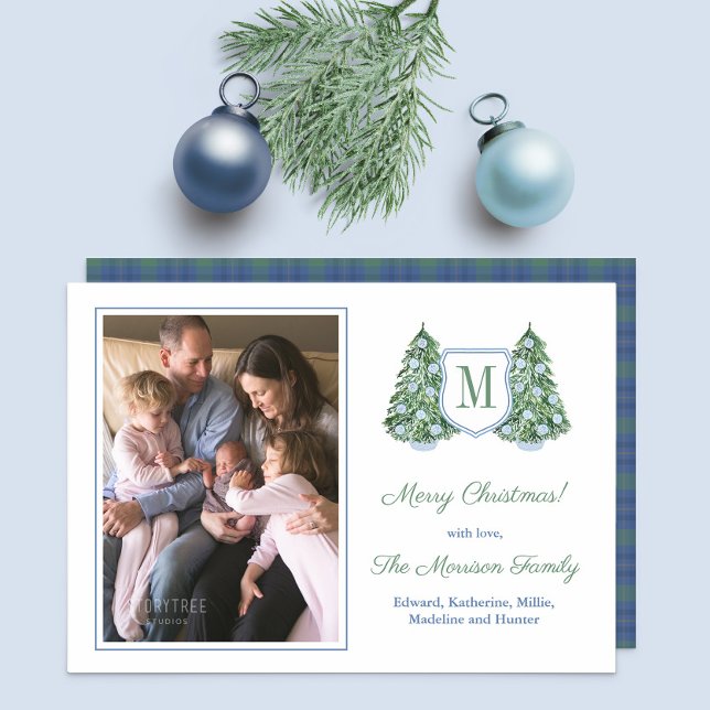 Elegant Fir Tree Blue White Baubles Family Picture Holiday Card (Elegant Christmas Tree decorated with blue and white baubles. Featuring family photo and monogram)