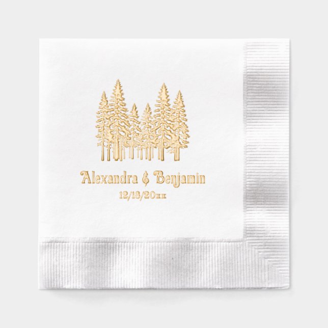 Elegant Fir Trees Wedding Couple Name Date Foil Napkins (Front)