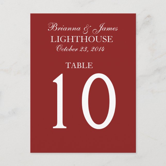 Elegant Firebrick Red Wedding Table Number Card (Front)