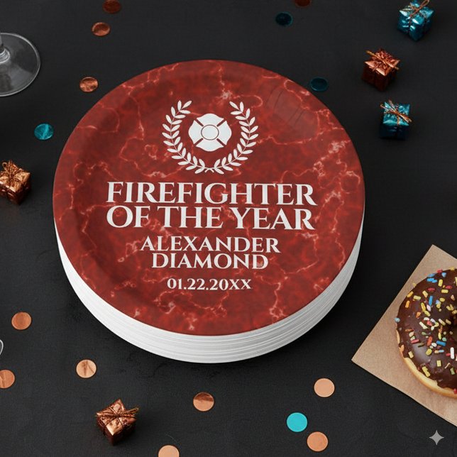 Elegant Firefighter of the Year Red Marble Paper Plates (Elegant Firefighter of the Year Red Marble Round Paper Plates Cover Photo)