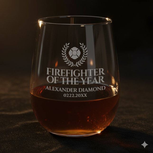 Elegant Firefighter of the Year Red Marble Stemless Wine Glass (Elegant FireFighter of the Year Etched Stemless Wine Glass Cover Photo)