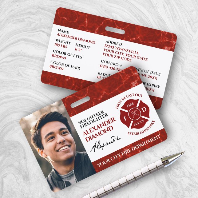 Elegant Firefighter Red Marble Photo Signature ID Badge (Red Firefighter Photo ID Badge Cover Photo. )