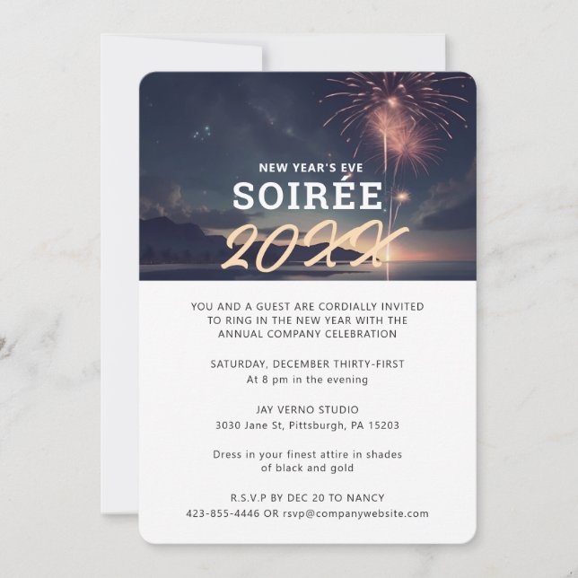 Elegant Fireworks Annual Company New Year's Soirée Invitation (Front)