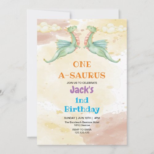 Elegant First 1st Birthday Dinosaur Watercolor Invitation