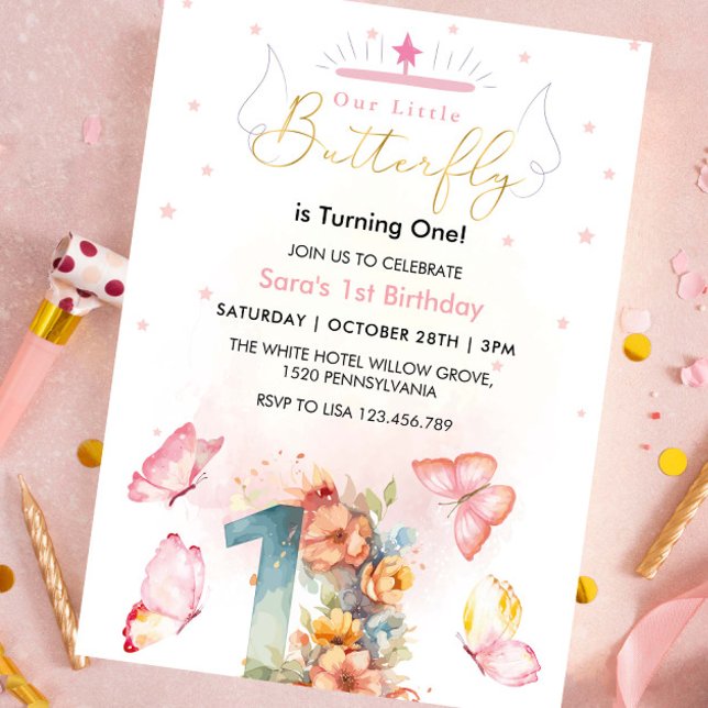 Elegant First 1st Birthday Pink Butterflies  Invitation (Creator Uploaded)