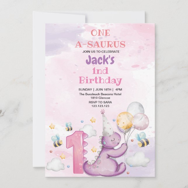 Elegant First 1st Birthday Purple Dinosaur and bee Invitation (Front)