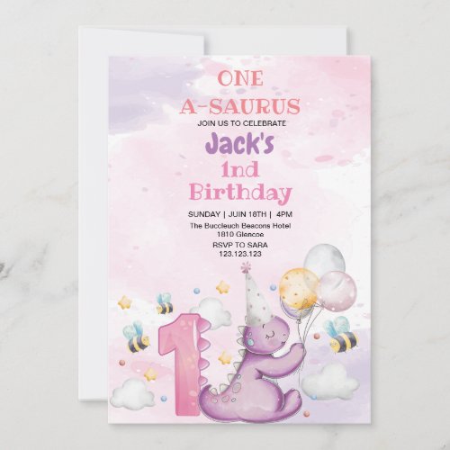 Elegant First 1st Birthday Purple Dinosaur and bee Invitation