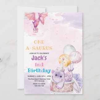 Elegant First 1st Birthday Purple Dinosaur Invitation
