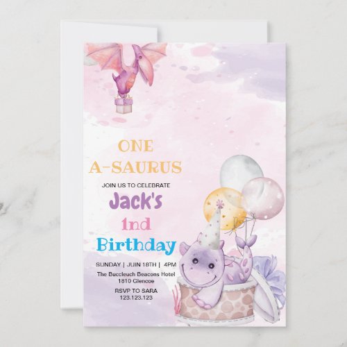 Elegant First 1st Birthday Purple Dinosaur Invitation