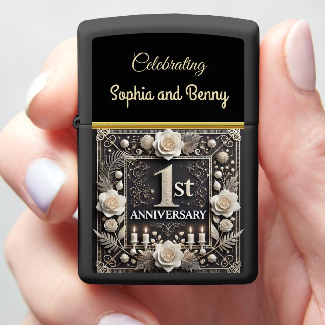 Elegant First Anniversary Celebration Zippo Lighter (In Hand)