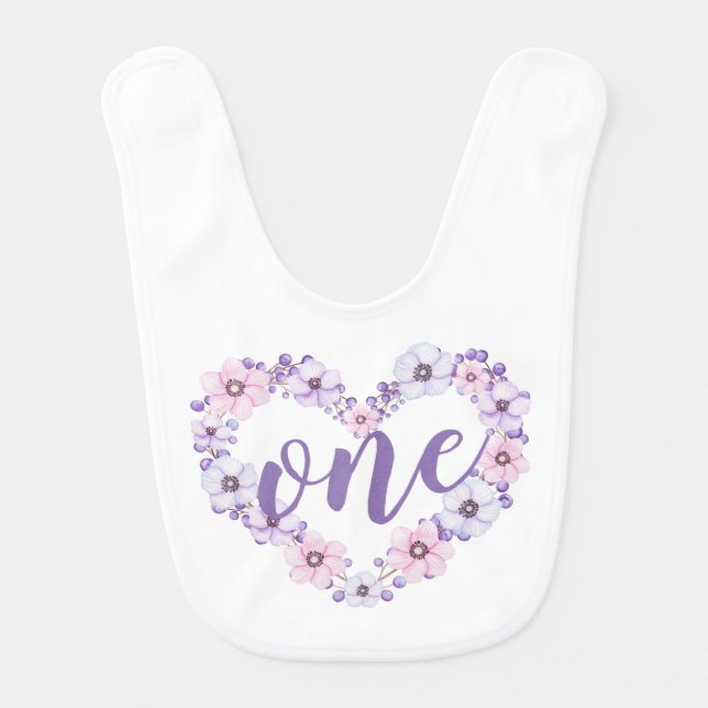 Elegant First Birthday Floral Heart | Baby Bib (Front)