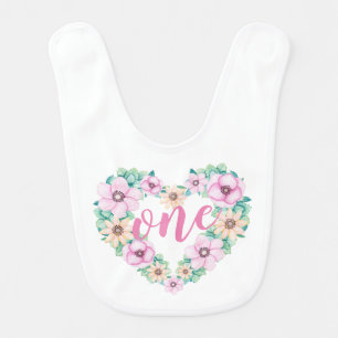 Elegant First Birthday Floral Heart   Baby Bib