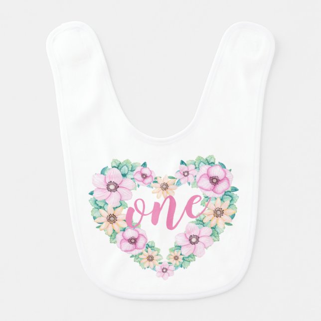 Elegant First Birthday Floral Heart | Baby Bib (Front)