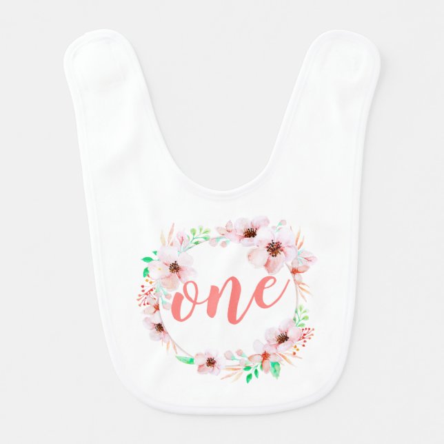 Elegant First Birthday Floral Wreath | Baby Bib (Front)