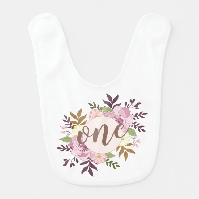 Elegant First Birthday Floral Wreath | Baby Bib (Front)