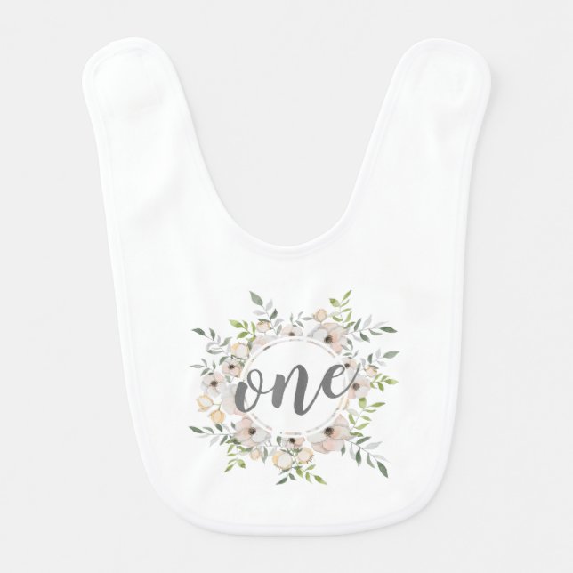 Elegant First Birthday Floral Wreath | Baby Bib (Front)