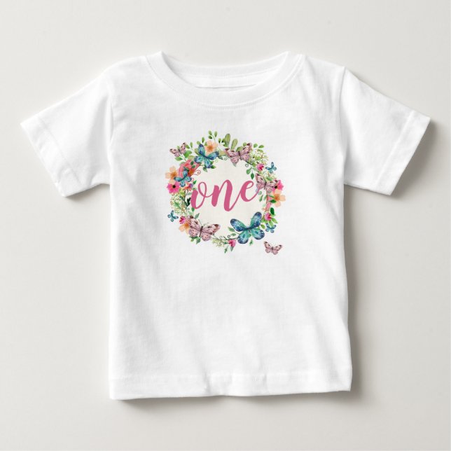 Elegant First Birthday Floral Wreath | Ruffle Tee (Front)
