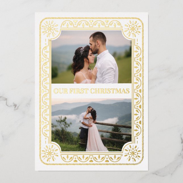 Elegant First Christmas 2 Photo Gold Custom Foil Holiday Card (Front)