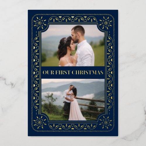 Elegant First Christmas 2 Photo Gold Custom Foil Holiday Card