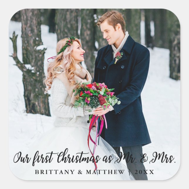 Elegant First Christmas as Mr. and Mrs. Large Square Sticker (Front)