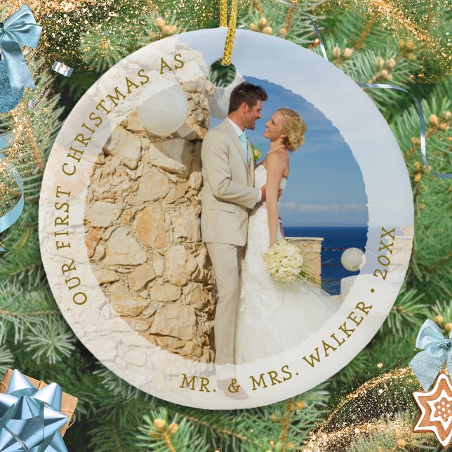 Elegant First Christmas as Mr and Mrs Photo Ceramic Ornament (Creator Uploaded)