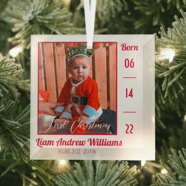 Elegant First Christmas Baby Birth Stats Photo  Glass Ornament (Insitu)