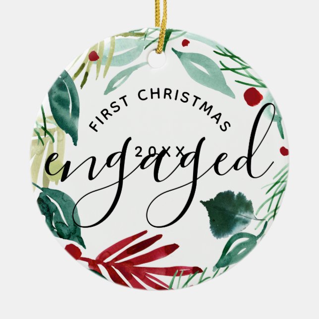 Elegant First Christmas Engaged Greenery Wreath Ceramic Ornament (Front)