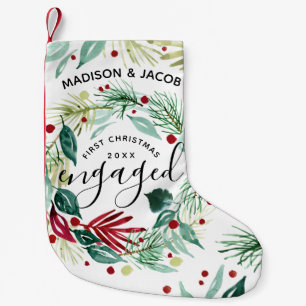 Elegant First Christmas Engaged Greenery Wreath Small Christmas Stocking