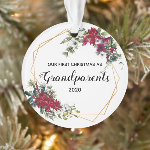 Elegant First Christmas Grandparents Photo Floral Ornament - This is a beautiful gold floral poinsettia frame with modern script "Our First Christmas as Grandparents' Photo ornament.