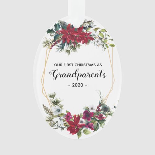 Elegant First Christmas Grandparents Photo Floral Ornament - This is a beautiful gold floral poinsettia frame with modern script "Our First Christmas as Grandparents' Photo ornament.