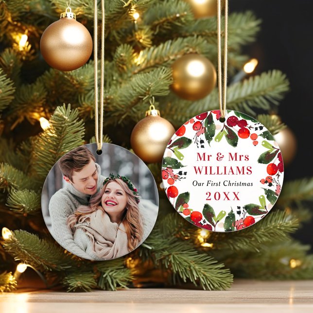 Elegant First Christmas Greenery Wedding Photo Ornament (Creator Uploaded)