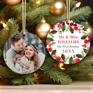 Elegant First Christmas Greenery Wedding Photo Ornament