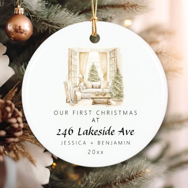 Elegant First Christmas in Our New Home Family  Ceramic Ornament (Elegant First Christmas in Our New Home Family Ceramic Ornament)