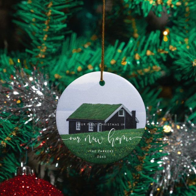 Elegant First Christmas in our new home Photo Ceramic Ornament (Creator Uploaded)