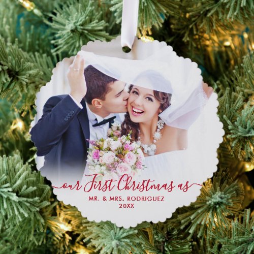 Elegant First Christmas Married 2 Photo Christmas Ornament Card