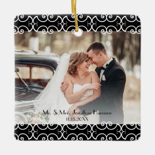 Elegant First Christmas Married Black White Scroll Ceramic Ornament