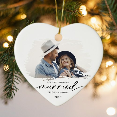Elegant First Christmas Married Couple Photo Ceramic Ornament