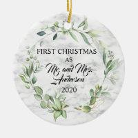 Elegant First Christmas Married Greenery Marble Ceramic Ornament