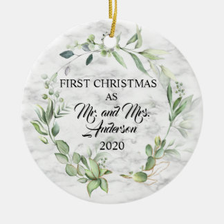 Elegant First Christmas Married Greenery Marble Ceramic Ornament